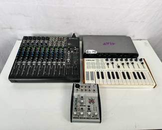 Lot 145: Lot of 4 Enthusiast Studio Recording & Mixing Components including (1) Mackie 1402VLZ4 Audio Mixer, (1) Avid MBox Pro Recording Interface, (1) Worlde Tuna mini MIDI Controller, (1) Behringer Eurorack UB502 Audio Mixer