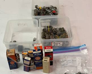 Lot 502: Lot of Vintage Vacuum Tubes including Mullard 12AX7, RCA 7199, American 12AX7, Boxed 6X4 & 6X5GT
