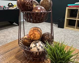 TwoTiered Decorative Metal Basket with Assorted Decorative Spheres