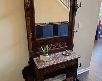 Victorian Eastlake Walnut Hall Tree with Marble Top