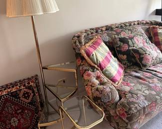 Small brass side table and a tiered table lamp