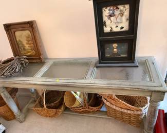 Grey distressed console w/etched glass