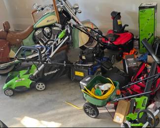 Greenworks 16" lawnmower, garden hose, extension cord, leaf blower, edger