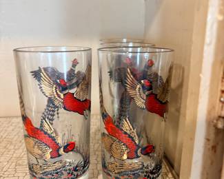 vintage Mid-Century Modern Hazel Atlas Ring-Necked Pheasant highball and tumbler glasses from the 1950s