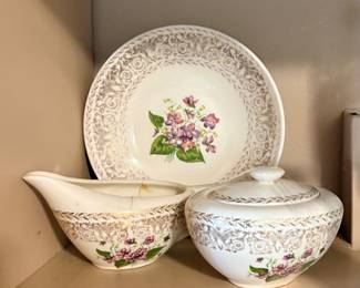 vintage china pieces in the Spring Violet pattern by Cunningham & Pickett
