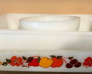 vintage white milk glass baking dish featuring the Hildi Fruit pattern by Anchor Hocking from the 1970s & milk glass bakeware