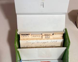 vintage Pantry Pal recipe box from the 1960s or 1970s, featuring a retro white, green, and blue "flower power" design