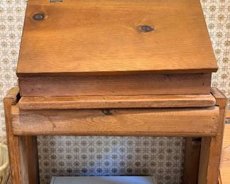 Vintage wooden bread box, wooden stand, and painted tray