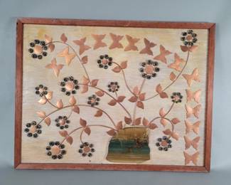 Lot 148 Vintage copper and stone on wood floral wall plaque