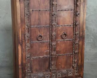 032 Lot 34 Vintage carved wood cabinet with reclaimed Indian architectural doors