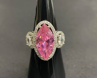 Lot 425h Sterling silver pink marquise CZ ring with halo