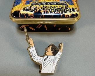 Lot 502h Halcyon Days LA Philharmonic numbered enamel box and pin