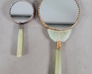 132 Lot 478 Pair of vintage Asian jade and porcelain hand mirrors