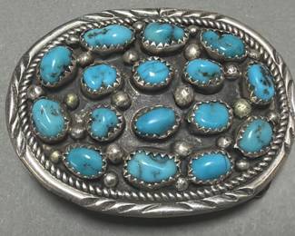 Lot 108 Vintage Native American sterling silver and turquoise nugget cluster belt buckle