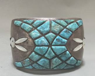 030 Lot 105 Vintage H. Craig Zunistyle silver, turquoise and motherofpearl cuff