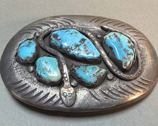 025 Lot 94 Vintage Effie C. Zuni silver and turquoise snake belt buckle