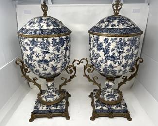 076 Lot 235 Pair of blueandwhite porcelain urns with brass mounts