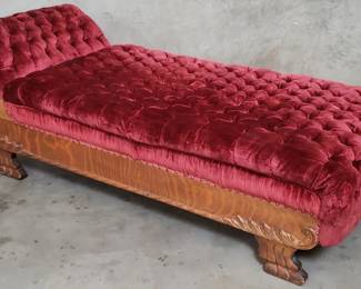 070 Lot 28 Antique tiger oak upholstered tufted fainting couch