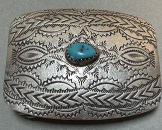 Lot 92 Vintage Native American style silver with turquoise hand crafted belt buckle