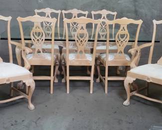 038 Lot 27 Vintage blonde wood dining table with glass top and eight chairs
