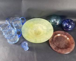 Lot 605 Group of hand blown glass plates, mugs, spheres