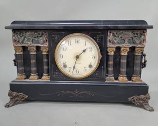 Lot 445 Vintage Sessions wood and spelter mantel clock