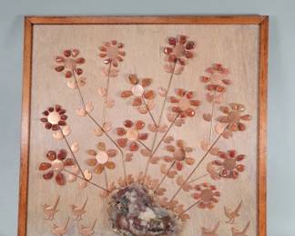 Lot 149 Copper and stone on wood floral wall plaque