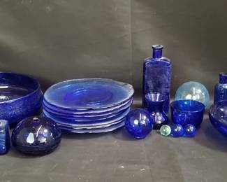 Lot 596 Group of vintage hand blown blue glass plates,