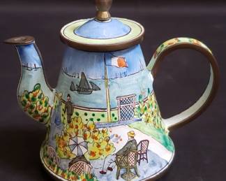 Lot 555 Kelvin Chen miniature hand painted enamel on copper teapot