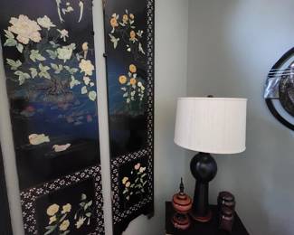 A total of four black lacquered Asian panels with mother of pearl inlay, absolutely gorgeous!