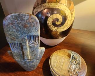 Carved signed stoned and pottery