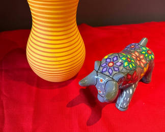 Lot 86: Boda Striped Glass Vase and Decorative Elephant Figurine