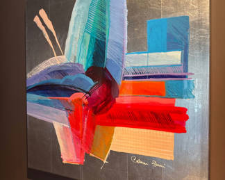 Lot 9: Original Calmen Sheri Abstract geometric painting on metal with bold color blocks