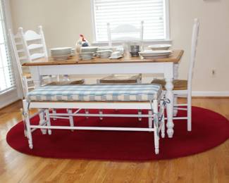 Rectangular Kitchen Dining Table, Chairs and Bench in White and Rattan