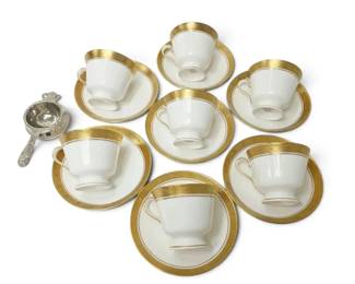 Spode Bone China England Mandarin Gold Teacups Saucers with Tea Strainer 16 Pieces
