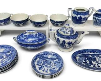 Blue Willow Transferware Miniature Porcelain Tea Set