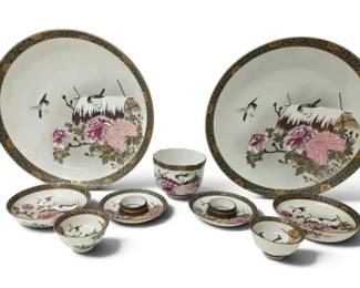 Japanese KutaniStyle Porcelain Floral Dishes with Gold Patterned Rims 9 Pieces