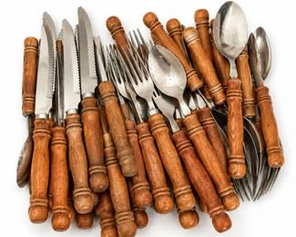 123 VintageOldHomesteadWoodHandleFlatwareLot