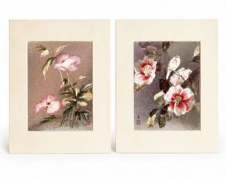 111 VintageAsianFloralArtPrintswithSilverFoilPair