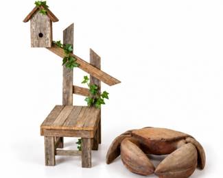 166 RusticWoodCrabSculptureBirdhousePlantStandChair