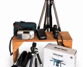 30 VintageCamerasDroneBinocularsTripodsLot