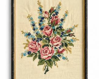 75 VintageFramedFloralRoseBouquetCrossStitchArt