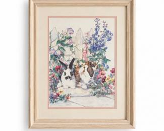 32 VintageJodiJensenSignedRabbitsinCottageGardenPrint