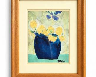 102 VintageSignedFloralStillLifeBlueVaseFramedArt