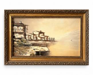 113 VintageSignedCoastalVillageOilPaintingFramed