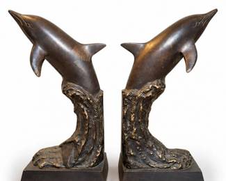 177 VintageBronzeToneDolphinBookendsinOriginalBox