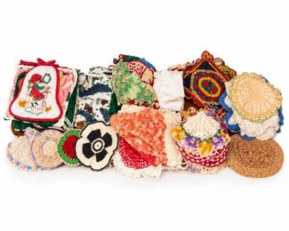 94 VintageHandmadeCrochetDoiliesEmbroideredLinensandTrivetLot