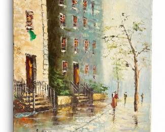 64 SignedOriginalOilPaintingEuropeanRainyStreetScene