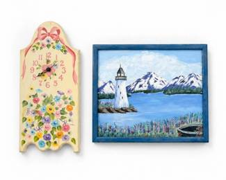 62 ColorfulFloralWallClockLighthousePaintingLot