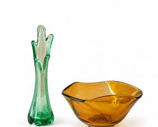 13 VintageVikingGreenArtGlassVaseAmberGlassBowl